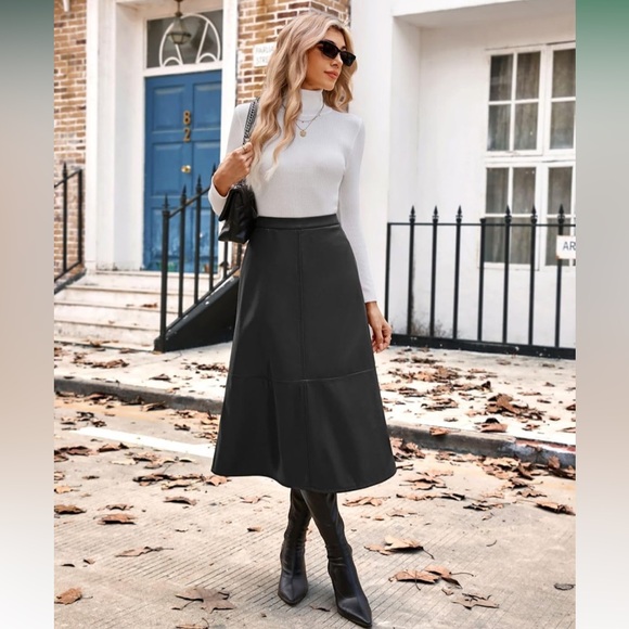 Dresses & Skirts - NWT Faux Leather Skirts High Waist A Line Skirt, Fall Winter Midi Skirt